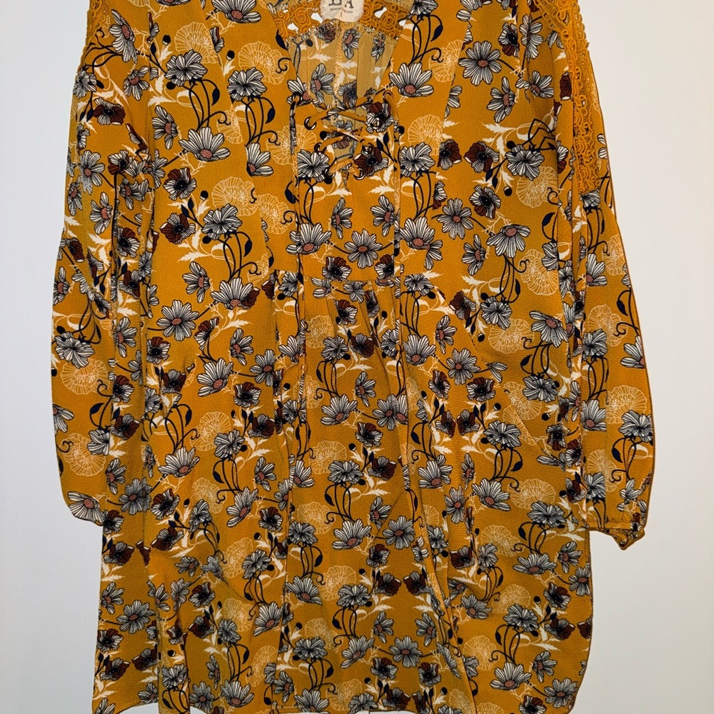 PPLA Mustard Floral Dress with Crochet Accents